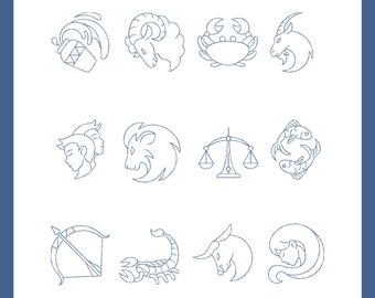 May include: Line art illustrations of the 12 zodiac signs. Each sign is represented by a simple, stylized image. The signs are: Aquarius, Aries, Cancer, Capricorn, Gemini, Leo, Libra, Pisces, Sagittarius, Scorpio, Taurus, and Virgo.