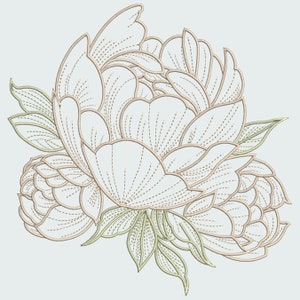 Pu&ograve; includere: Illustrazione di due fiori di peonia con contorni dettagliati e ombreggiatura delicata. I petali sono di un bianco morbido, con contorni marrone chiaro e linee tratteggiate. Foglie verdi accentuano i fiori su uno sfondo grigio chiaro.