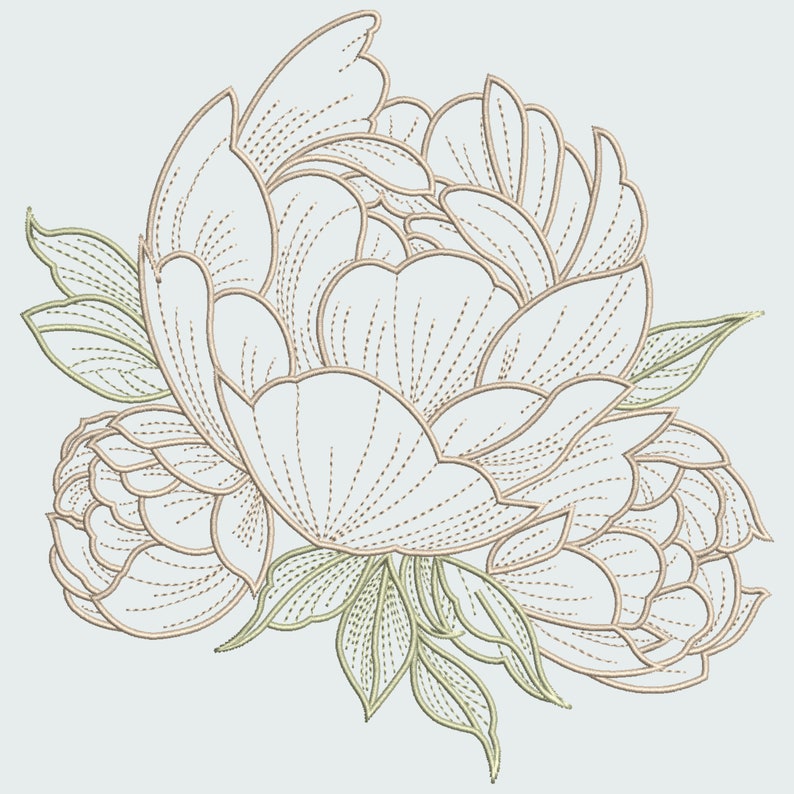 Pu&ograve; includere: Illustrazione di due fiori di peonia con contorni dettagliati e ombreggiatura delicata. I petali sono di un bianco morbido, con contorni marrone chiaro e linee tratteggiate. Foglie verdi accentuano i fiori su uno sfondo grigio chiaro.