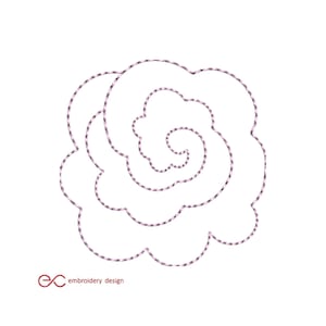 May include: An embroidery design of a rose in light purple. The design has a spiral centre and layered petals, all outlined with a textured stitch. The words "embroidery design" are below a stylized "ec" logo.