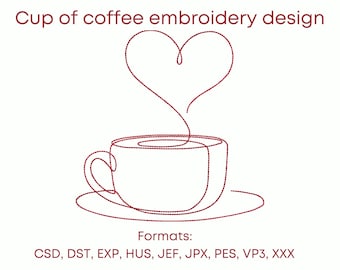 Cup of coffee embroidery design, 3 sizes, one line machine embroidery designs, instant download.