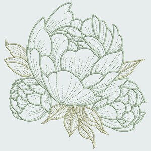 Pu&ograve; includere: Illustrazione floreale dettagliata di due peonie e foglie. I petali sono bianchi con contorni verdi e dettagli cuciti. Le foglie hanno una sfumatura dorata, il tutto su uno sfondo grigio chiaro. Design botanico.