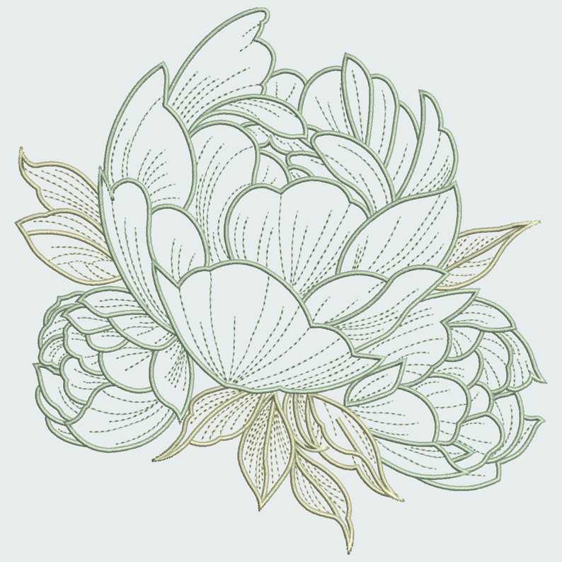 Pu&ograve; includere: Illustrazione floreale dettagliata di due peonie e foglie. I petali sono bianchi con contorni verdi e dettagli cuciti. Le foglie hanno una sfumatura dorata, il tutto su uno sfondo grigio chiaro. Design botanico.