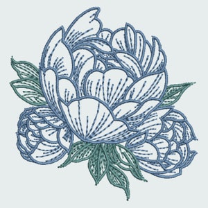 Pu&ograve; includere: Design floreale ricamato con una peonia dai petali multipli nei toni del blu e del bianco. Foglie verdi accentuano il fiore. Il design &egrave; creato con cuciture dettagliate, conferendogli un aspetto strutturato. L'immagine &egrave; su uno sfondo chiaro.