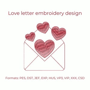 Diseño de bordado de carta de amor, corazón de sobre de San Valentín, 4 tamaños, descarga instantánea