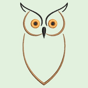May include: A simple line drawing of an owl with black and brown outlines and orange eyes.