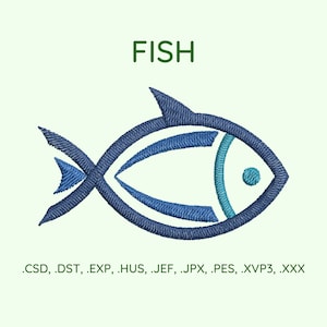 Könnte beinhalten: Ein stilisiertes Fischdesign in Blau und Türkis mit dem Wort "FISH" darüber. Das Design ist dunkelblau umrandet und hat ein türkisfarbenes Auge. Der Text unter dem Design lautet ".CSD, .DST, .EXP, HUS, JEF, JPX, .PES, .XVP3, .XXX".
