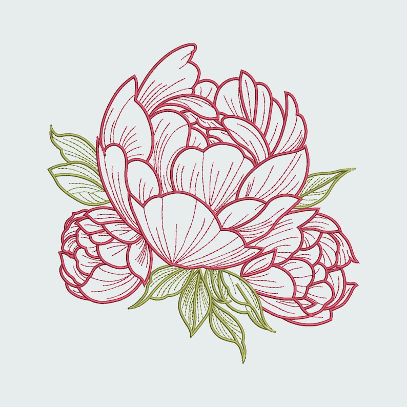 Pu&ograve; includere: Illustrazione di un fiore di peonia in piena fioritura, con un contorno dettagliato in punto rosso. I petali sono di un bianco tenue, con foglie verdi. Il design &egrave; ambientato su uno sfondo grigio chiaro, creando un'immagine floreale delicata ed elegante.