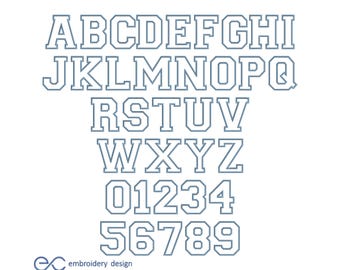 May include: A complete alphabet and number set in a classic, outlined font. The letters and numbers are in a muted blue-gray color, with a double-lined design. The image includes the text "embroidery design" and a logo in the bottom left corner.