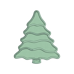 Könnte beinhalten: Ein grüner Filz-Weihnachtsbaum-Ausschnitt mit einem einfachen Design. Der Baum hat eine abgerundete Spitze und eine wellige Umrandung.