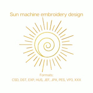 Puede incluir: Un diseño de bordado de máquina de sol dorado con una espiral en el centro. Formatos: CSD, DST, EXP, HUS, JEF, JPX, PES, VP3, XXX