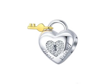 best friend charm, heart charm, heart lock key charm, pandora charm