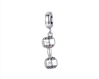 Dumbbell Live Fit Charm Fits For Pandora Bracelets, Sterling Silver Dumbbell Charm, Fit Live Charm