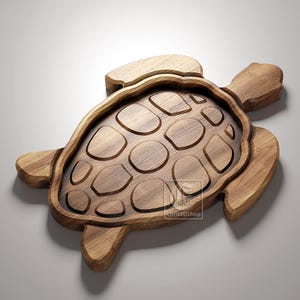 May include: A wooden turtle-shaped serving tray with a carved design. The tray is made of light brown wood and has a natural finish.