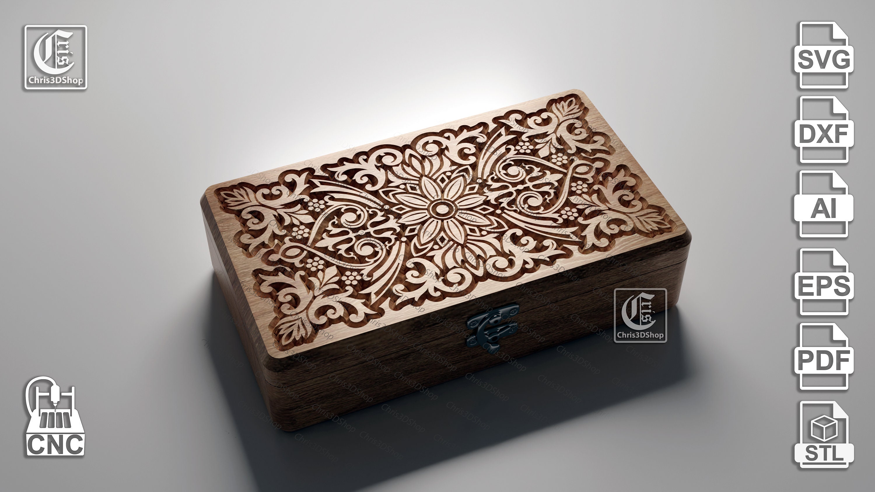 V-carved Rectangular Jewelry Box 2- Files for CNC and 3D
