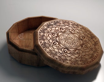 May include: A wooden box with a round lid featuring an intricate mandala design. The box is open, revealing the empty interior.