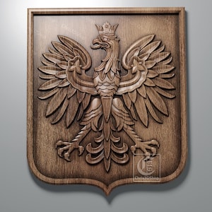 May include: A wooden carving of the Polish national emblem, a white eagle with a golden crown, on a brown shield-shaped plaque.