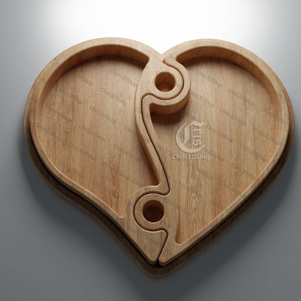 Heart Puzzle Tray V2- 3D STL file and vector files - Dxf, Svg, Eps, Pdf, Ai for CNC and 3d Printers