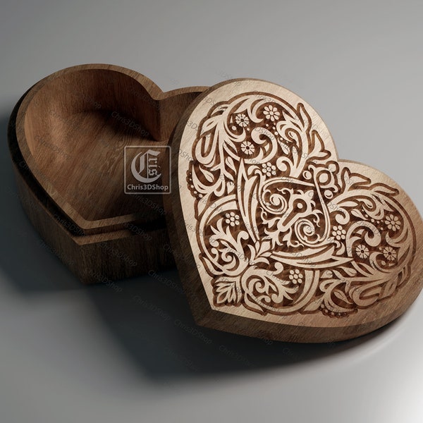 Heart Shaped V-Carved Jewelry Box - CNC Files (svg, dxf, eps, ai, pdf, STL)