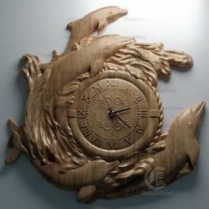 May include: A wooden wall clock with a clock face surrounded by three dolphins jumping out of the water. The clock face has Roman numerals and a detailed design.