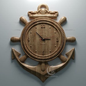 May include: A wooden clock with an anchor and ship's wheel design. The clock face is surrounded by a rope design and has Roman numeral markings.