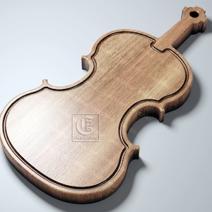以下が含まれることがあります： バイオリンの形をした木製まな板。まな板は茶色で、自然な木目があります。ユニークで装飾的なキッチンアイテムです。