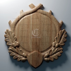May include: A wooden plaque with a circular design featuring a carved oak leaf and acorn motif. The plaque has a smooth, unfinished surface and is ready for personalization.