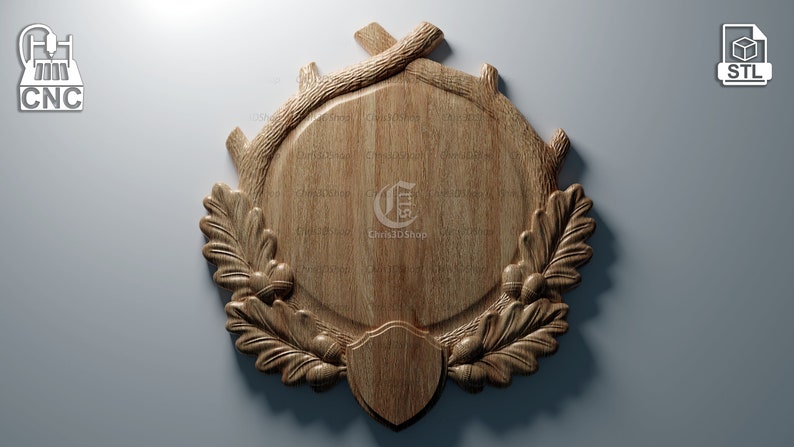 May include: A wooden plaque with a circular design featuring a carved oak leaf and acorn motif. The plaque has a smooth, unfinished surface and is ready for personalisation.