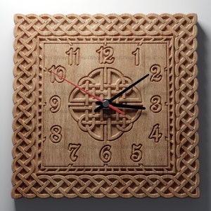 May include: A wooden clock with a Celtic knot design on the face and a square frame. The clock face has Roman numerals and black hands.