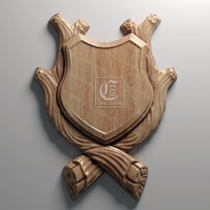 Puede incluir: Un escudo de madera con intrincados tallados de ramas y hojas. El escudo es de color marrón claro y tiene un borde elevado. El texto "Chris3Dshop" es visible en el escudo.