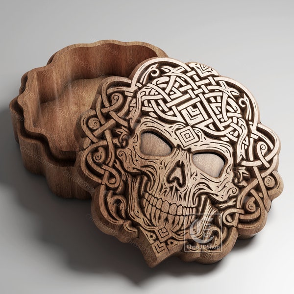 Boîte à bijoux tête de mort sculptée en V - Fichiers numériques pour routeur CNC (svg, dxf, eps, ai, pdf, stl)