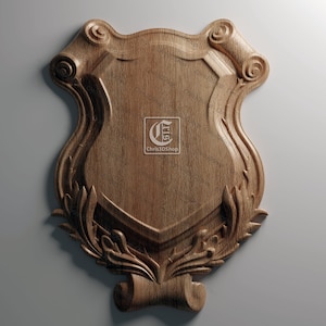 May include: A wooden shield with intricate carvings, including scrolls and floral designs. The shield is a blank canvas for personalisation.