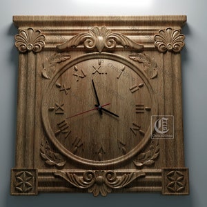 May include: A wooden clock face with Roman numerals and intricate carvings. The clock is framed by a decorative wooden border with ornate details. The clock is a 3D model file for CNC cutting.