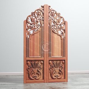 May include: A pair of intricately carved wooden doors with a floral design. The doors are arched at the top and have a raised panel design. The doors are a rich brown colour.