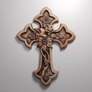 May include: A wooden cross with intricate floral carvings, including roses and a central sunflower. The cross has a detailed, three-dimensional design and is likely intended for decorative or religious purposes.