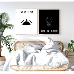 Live By The Sun, Love Like The Moon Print / Diseño PDF Arte de pared moderno / Decoración de pared gitana en blanco y negro / 1 archivo PDF para (2) descarga 8x10
