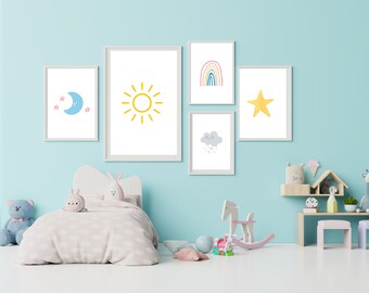 Juego de láminas decorativas para habitación infantil con diseño de arcoíris en tonos pastel / Arte infantil en acuarela (descarga digital)