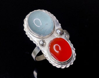 Aquamarine & Fire Opal Sunburst Ring - 925 Sterling Silver