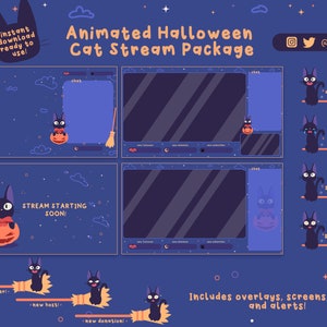 Paquete ANIMADO lindo Halloween Cat Stream / Paquete Jiji Twitch / Linda nube y estrellas / Superposición de Vtuber / Superposición de Cat Twitch