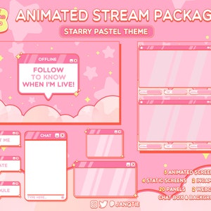May include: A pink and white animated stream package with a starry pastel theme. The package includes 3 animated screens, 4 static screens, 2 in-game screens, 20 panels, 2 webcams, a chat box, and a background. The text "FOLLOW TO KNOW WHEN I'M LIVE!" is displayed on the offline screen.