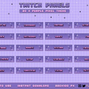 20 Purple Pixel Twitch Panels - Pastel Kawaii Pixel Art | 8 bit Retro | Starry Gothic Witch