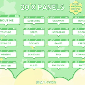 May include: A set of 20 green and white Twitch panels with rounded corners and a white border. The panels feature text such as "About Me", "Subscribe", "Giveaway", "Donate", "YouTube", "Specs", "Instagram", "Discord", "Wishlist", "Socials", "Games", "Credits", "Website", "Schedule", "FAQ", "Commands", "Twitter", "Rules", "Facebook", and "TikTok".