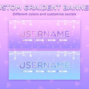 Puede incluir: Dos plantillas de banner personalizables con un fondo degradado en tonos de rosa y morado. Las pancartas presentan un contorno blanco y una cadena blanca de corazones y estrellas colgando de la parte superior. El texto "USERNAME" se muestra en una fuente grande y en negrita con un contorno blanco. El texto "NAME" se muestra en una fuente más pequeña debajo del nombre de usuario.