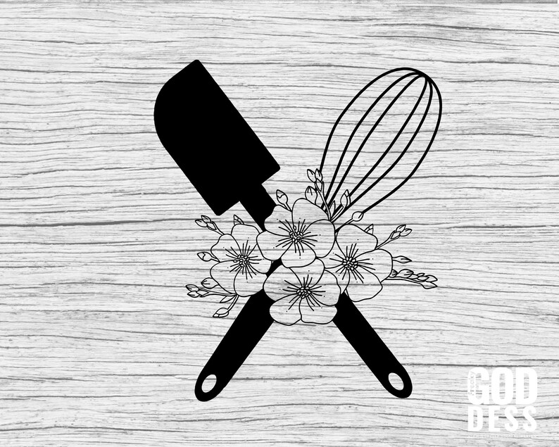 May include: Black silhouette of a spatula and whisk crossed over each other with a floral design in the center. The text "God Bless" is at the bottom of the image.