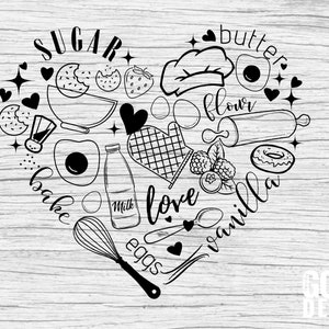 Adoro assar SVG com coração de cozinha para decoração de cozinha da mamãe, avental ou toalha de cozinha ou para quem gosta de cozinhar arquivo de corte, Cricut