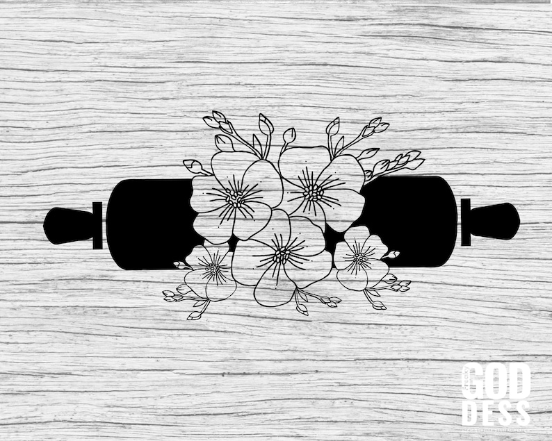 May include: Black and white silhouette of a rolling pin with a floral design. The flowers are stylized and have five petals. The rolling pin is centered on a woodgrain background. The text "God Bless" is at the bottom of the image.