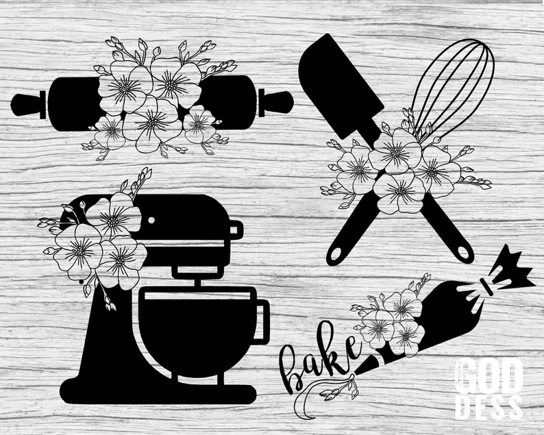 May include: Black and white silhouette design of baking tools and floral elements. The tools include a rolling pin, a whisk, a spatula, a stand mixer, and a piping bag. The floral elements are stylized flowers with leaves.