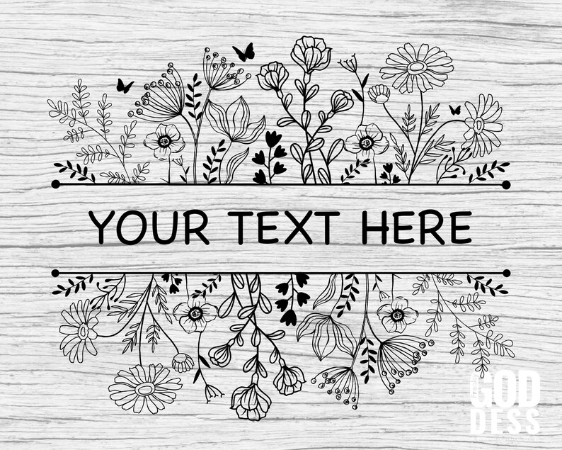 Puede incluir: Ilustraci&oacute;n en blanco y negro de un borde floral con el texto "YOUR TEXT HERE" en el centro. El borde floral est&aacute; formado por varias flores, hojas y mariposas.