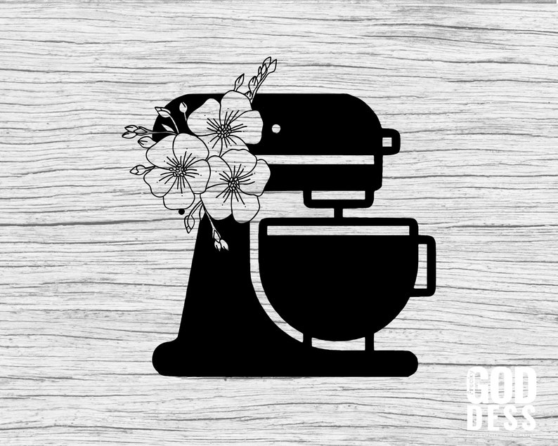 May include: Black and white silhouette of a stand mixer with floral accents. The mixer has a bowl and a stand with a lever. The flowers are stylized and have a simple design.