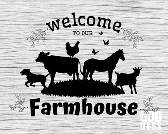 Bienvenido a Farmhouse SVG para la decoración moder Farmhouse o wood sign with funny quote and farm animals, farm life, cut file, cricut